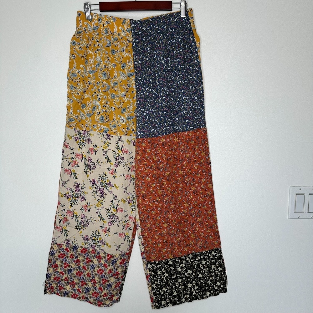 Natural Life Pull on Wide Leg Pants Size L Patchwork Floral Boho Cottagecore - Picture 2 of 8